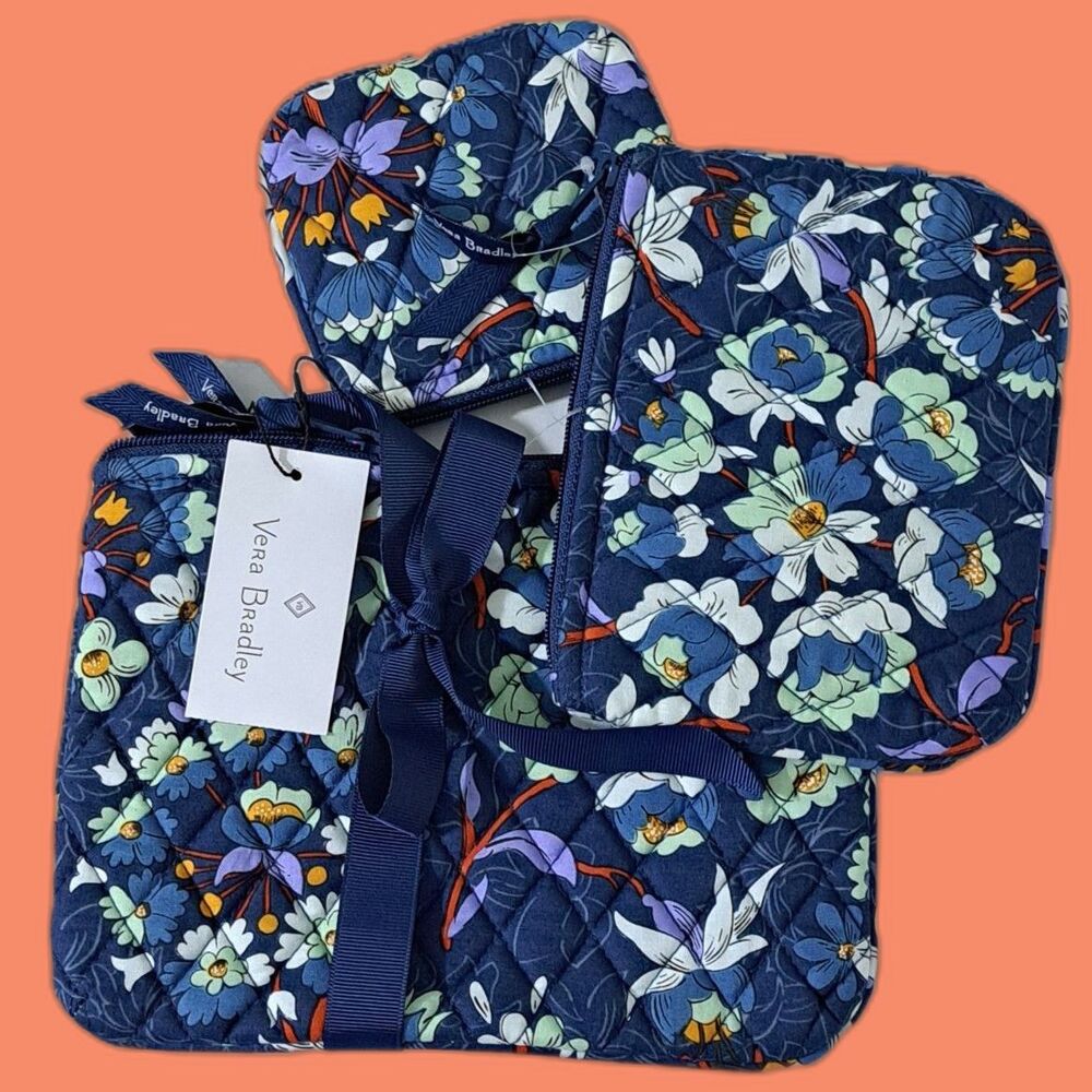 Vera Bradley 3 Pc Quilted Cosmetic Bag Set Trio Floral Burst Blue White Multi OS
